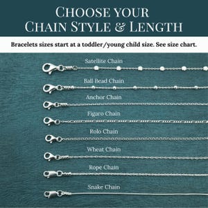 May include: Image showcasing various silver chain styles for bracelets, including Satellite, Ball Bead, Anchor, Figaro, Rolo, Wheat, Rope, and Snake chains. Text at the top reads "CHOOSE YOUR CHAIN STYLE & LENGTH".