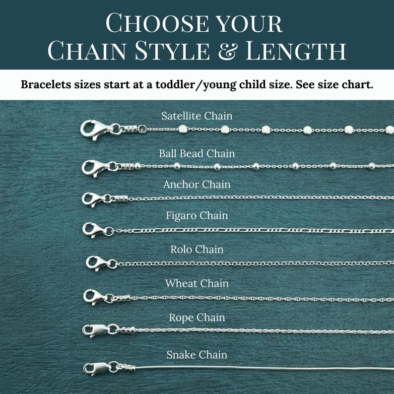 May include: Image showcasing various silver chain styles for bracelets, including Satellite, Ball Bead, Anchor, Figaro, Rolo, Wheat, Rope, and Snake chains. Text at the top reads "CHOOSE YOUR CHAIN STYLE & LENGTH".