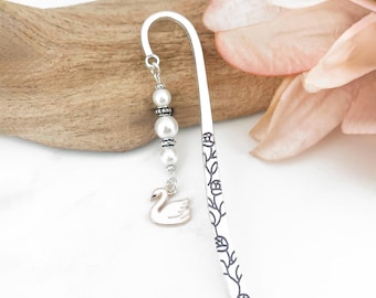 White Swan Bookmark - Enamel Swan Charm Bookmark - Swan Gifts for Readers - Book Lover Gifts - Unique Beaded Metal Bookmark