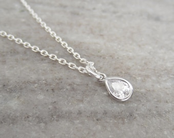 Tiny Teardrop Necklace - Minimalist Jewelry - Cubic Zirconia Tear Drop Charm Necklace - 925 Sterling Silver Necklace - Simple Jewelry