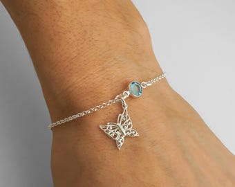 Butterfly Bracelet or Anklet: 925 Sterling Silver Personalized Birthstone Charm Jewelry, Rolo Chain