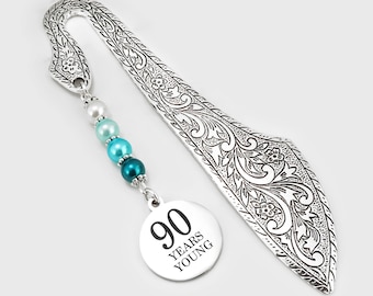 90th Birthday Gift - 90 Years Young Bookmark - Birthday Gift for Grandma or Grandpa - Charm Beaded Bookmark - Metal Bookmark