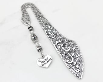 Happy Retirement Bookmark: Tibetan Silver Heart Charm, Beaded Reader Gift