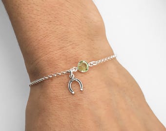 Horseshoe Birthstone Bracelet or Anklet: Dainty 925 Sterling Silver Good Luck Charm