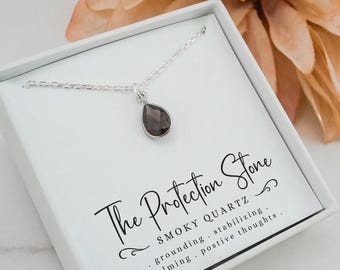 Protection Necklace - Smoky Quartz Teardrop Necklace - Smokey Topaz Necklace - Natural Quartz Gemstone Charm - 925 Sterling Silver Jewelry