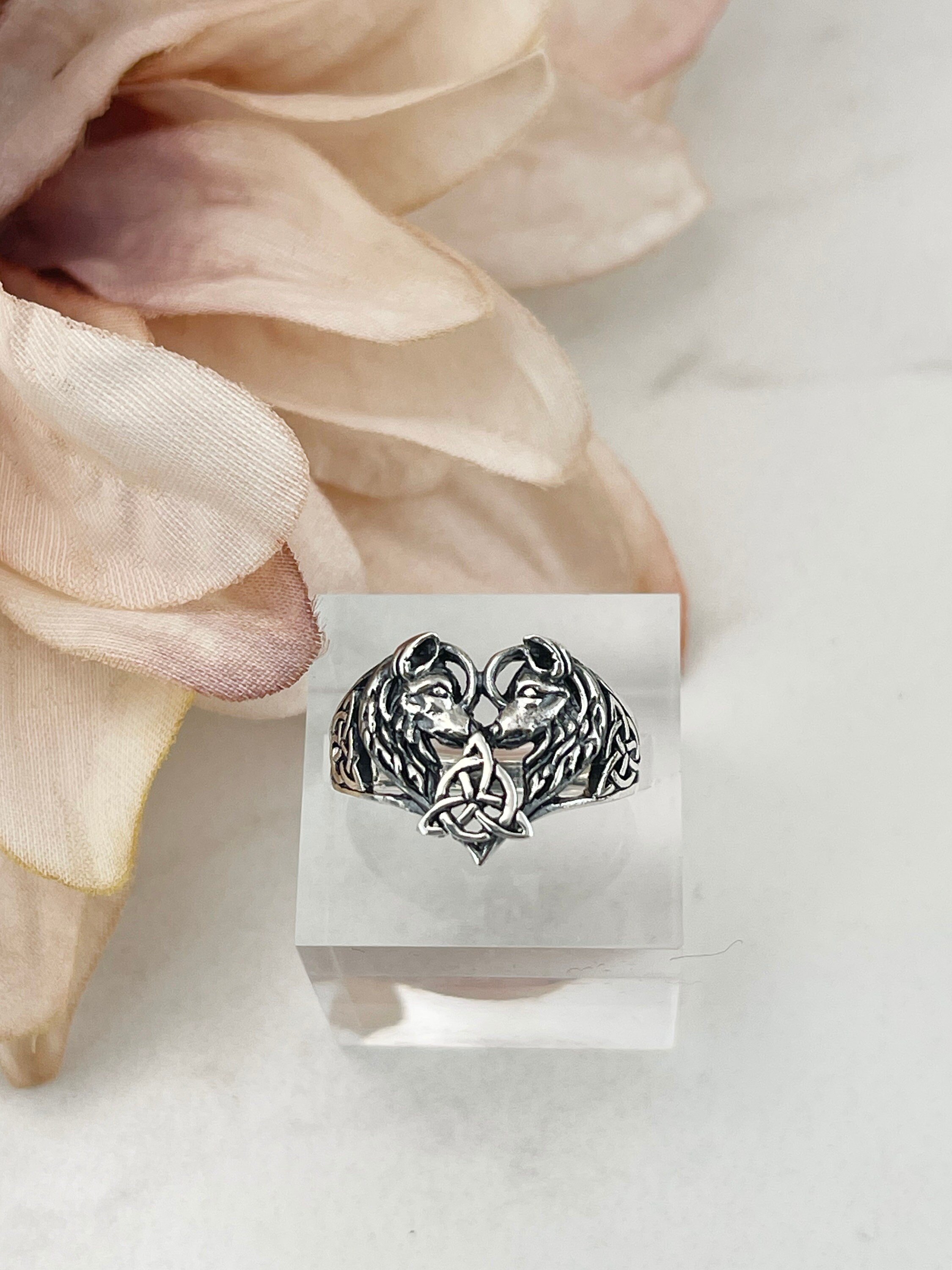 Wolf Ring Celtic Wolf Ring Heart Wolf Jewelry 2 Wolves Ring 925