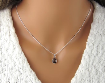Smoky Quartz Necklace - Faceted Teardrop Gemstone Charm Pendant = 925 Sterling Silver Jewelry