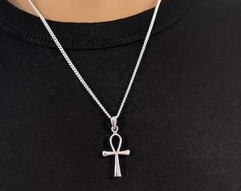 Men's Ankh Necklace - Unisex Sterling Silver Ankh Charm Necklace - Silver Ankh Pendant - Egyptian Hieroglyph Jewelry Meaning "Life"