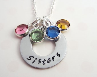 Sisters Birthstone Necklace: Personalized Stainless Steel Charm, Sterling Silver Chai, Up to 4 Charms