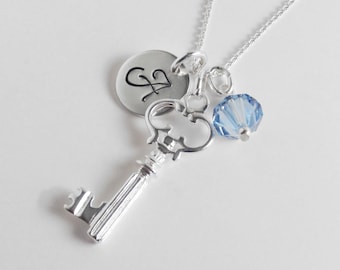 Personalized Key Necklace - Hand Stamped Initial - Preciosa Birthstone Bead - 925 Sterling Silver Jewelry