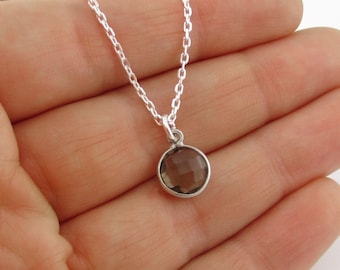 Smoky Quartz Necklace - Round 9 mm Gemstone Charm - 925 Sterling Silver Jewelry - Genuine Smoky Quartz