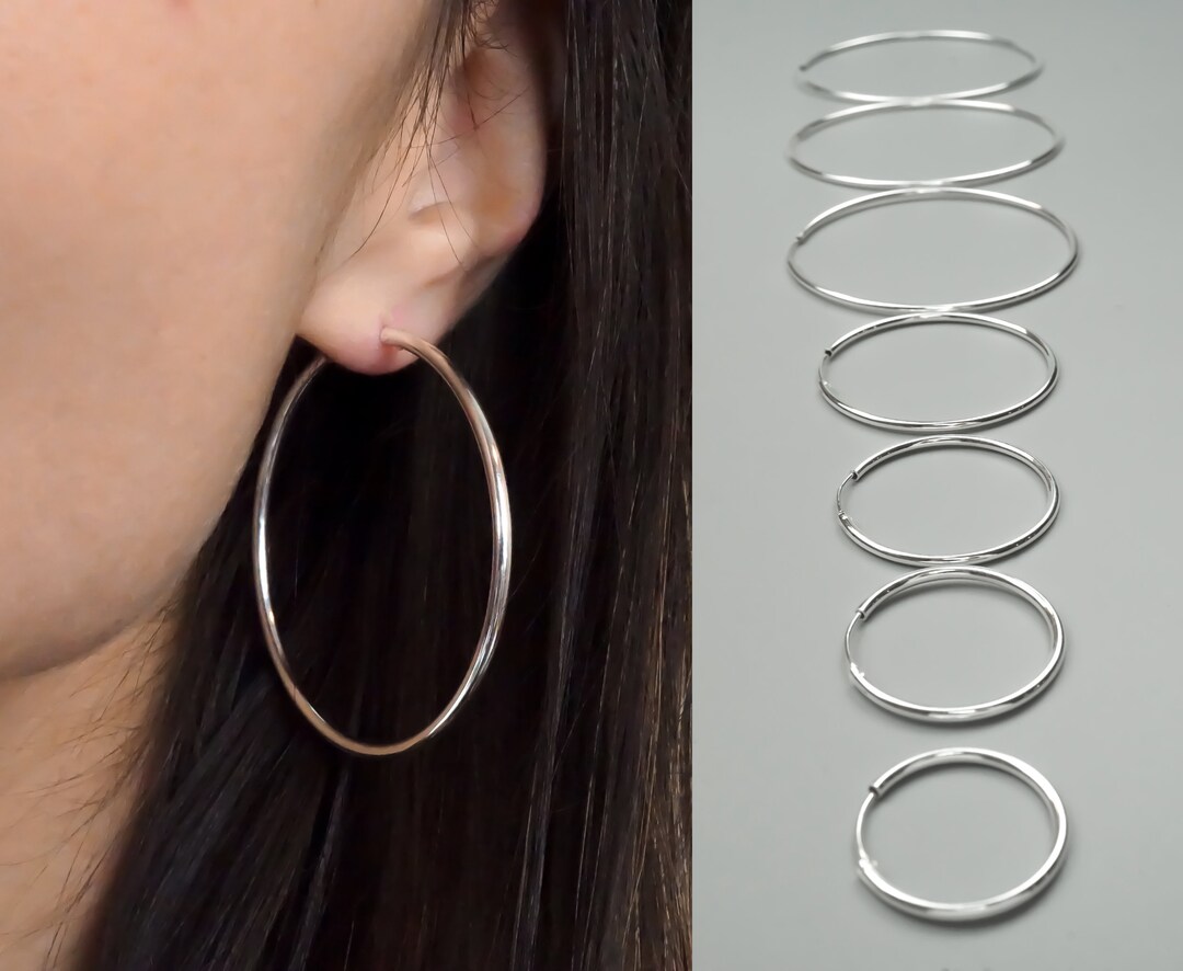 Silver Hoop Earrings 10 Sizes 925 Sterling Silver Jewelry Plain Hoops 25 Mm to 80 Mm 1 Inch to 3