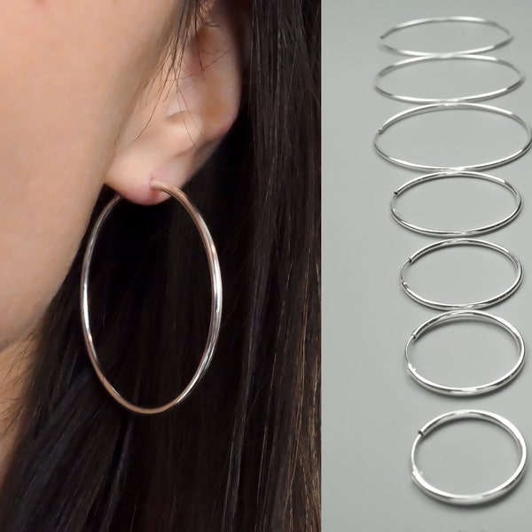 Silver Hoop Earrings - 10 Sizes - 925 Sterling Silver Jewelry - Plain Hoops - 25 mm to 80 mm | 1 inch to 3 1/5 inch