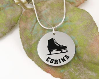 Ice Skate Necklace with Custom Engraved Name: Personalized Figure Skating Gifts, 925 Sterling Silver & Stainless Steel Jewelry