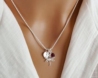 Dragonfly Necklace: 925 Sterling Silver Insect Jewelry, Small Personalized Initial and Birthstone, Dragonfly Gifts