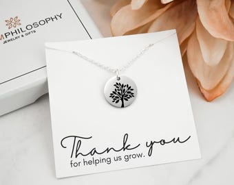 Thank you for Helping Us Grow Teacher Necklace End of Year Teacher Gift Engraved Tree Necklace 16mm Silver or Gold Round Charm Necklace