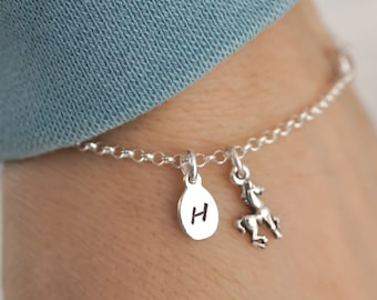 Dainty Horse Charm Bracelet or Anklet - 925 Sterling Silver - Personalized Initial Horse Bracelet - Horse Jewelry - Minimalist Bracelet