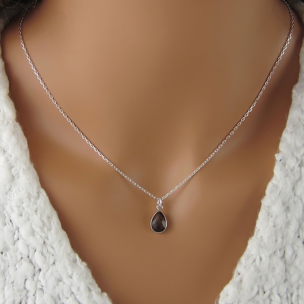 Smoky Quartz Teardrop Necklace - Smokey Topaz Necklace - Natural Quartz Gemstone Charm - 925 Sterling Silver Jewelry - Tear Drop Pendant