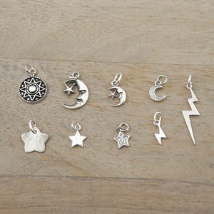 925 Sterling Silver Celestial Charm Pendant - Sun, Crescent Moon, Moon and Star, Lightning Bolt, Cubic Zironia