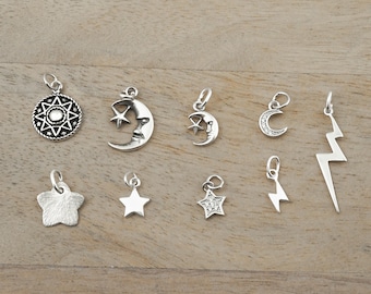 Celestial Pendant - 925 Sterling Silver Charms - Sun Charm, Crescent Moon Pendant, Moon and Star Pendant, Lightning Bolt Pendant, Moon Charm