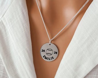 Softball Necklace or Keychain: Custom Engraved Baseball Name and Jersey Number Pendant, 925 Sterling Silver and Stainless Steel