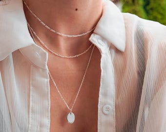 Sterling Silver Layering Necklace for Women: 1, 2 or 3 Stands, Minimalist Oval Charm, Figaro Chain