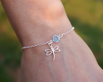 Dragonfly Bracelet or Anklet: 925 Sterling Silver, Birthstone Charm