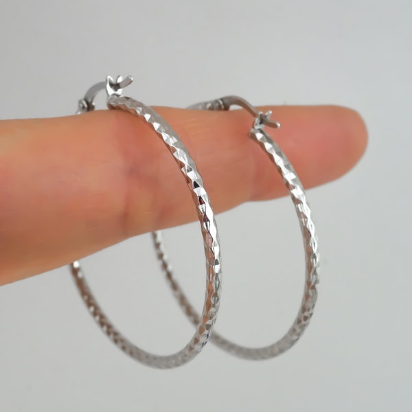 Diamond Cut Hoop Earrings - 925 Sterling Silver Jewelry - Round Silver Hoops with Clip Closure - 40mm | 1 3/5 inches