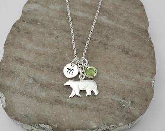 Sterling Silver Bear Necklace: Personalized Initial & Birthstone Charm