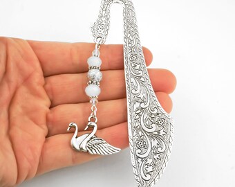Swan Bookmark - Silver Swans Charm Bookmark - Swan Gifts for Readers - Book Lover Gifts - Unique Beaded Metal Bookmark - Teacher Gifts