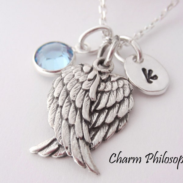 Angel Wings Necklace - Personalized Initial and Birthstone Bead - 925 Sterling Silver Jewelry - Sympathy Jewelry