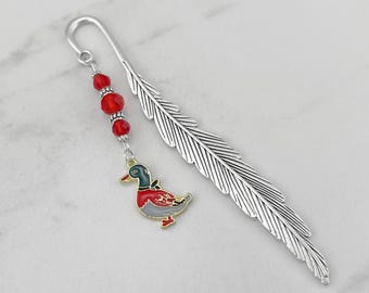 Mallard Duck Bookmark - Tibetan Silver Beaded Bookmark Stationary - Enamel Mallard Duck Charm Bookmark - Duck Lover Gifts