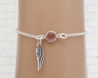 Angel Wings Birthstone Bracelet or Anklet - Birthstone Bracelet - 925 Sterling Silver - Rolo Chain - Memorial Minimalist Bracelet