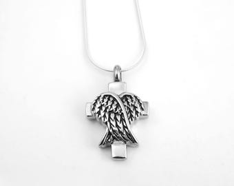 Angel Wings on a Cross Urn Necklace - Hollow Capsule Pendant - Keepsake Jewelry - Ashes Necklace - Memorial Jewelry