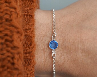 Custom Birthstone Bracelet - Preciosa Sapphire Septemer Birthstone Anklet - 925 Sterling Silver - Dainty Minimalist Bracelet
