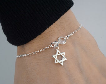 Star of David Bracelet or Anklet - Personalized Birthstone Bracelet - 925 Sterling Silver - Rolo Chain - Dainty Minimalist Bracelet