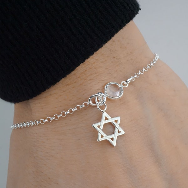 Star of David Bracelet or Anklet - Personalized Birthstone Bracelet - 925 Sterling Silver - Rolo Chain - Dainty Minimalist Bracelet