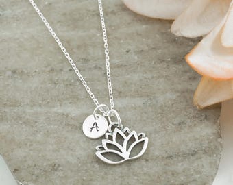 Lotus Necklace - 925 Sterling Silver Lotus Flower Necklace with Personalized Initial Charm - Lotus Pendant, Water Lily Necklace, Zen Jewelry