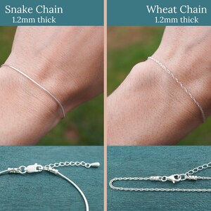 May include: Two silver chain bracelets are displayed. One is a snake chain, and the other is a wheat chain, both 1.2mm thick. The image also shows close-ups of the clasps and adjustable chain ends.