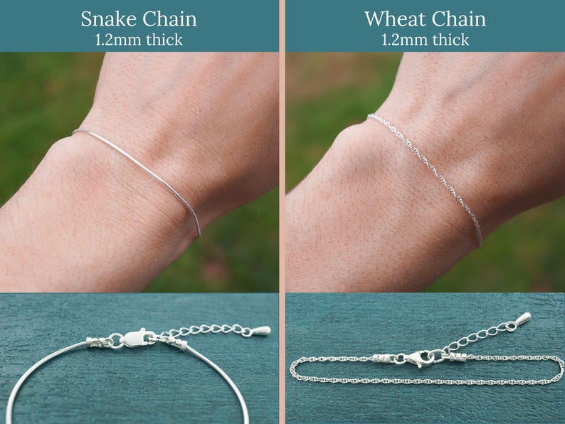 May include: Two silver chain bracelets are displayed. One is a snake chain, and the other is a wheat chain, both 1.2mm thick. The image also shows close-ups of the clasps and adjustable chain ends.