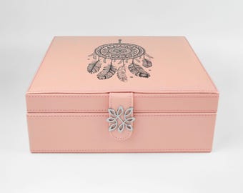 Boho Dream Catcher Jewelry Box Organizer, Vegan Leather and Velvet, Pink Jewellery Case with Mirror and Removable Ring Tray