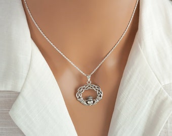 Claddagh Necklace - Men's or Women's 925 Sterling Silver Jewelry - Irish Claddagh Pendant - Love, Friendship, Loyalty