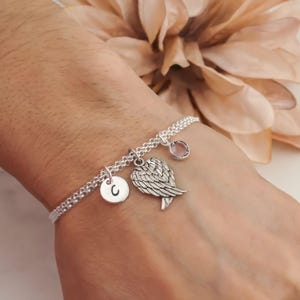 Angel Wings Bracelet: 925 Sterling Silver Double Rolo Chain, Handstamped Initial Charms image 2