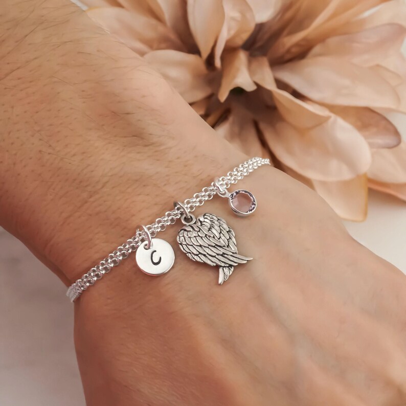 Angel Wings Bracelet: 925 Sterling Silver Double Rolo Chain, Handstamped Initial Charms image 2