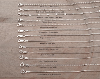 Solid Sterling Silver Chain Necklace for Women - Anchor, Snake, Rope, Curb, Cable, Rolo, Figaro, Box, Satellite, Ball Chains 14 to 36 inches