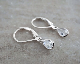 Tiny Teardrop Earrings - Minimalist 925 Sterling Silver Cubic Zirconia Tear Drop Charm - Simple Everyday CZ Jewelry