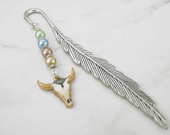 Bull Skull Bookmark - Cow Skull Charm Bookmark - Boho Bookmark - Book Lover Gift - Tibetan Silver Beaded Bookmark - Boho Gifts