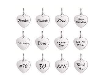 Personalized Heart Pendant, Custom Laser Engraved Stainless Steel Name, Number or Word Charm Tag