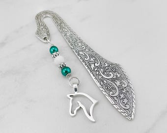 Horse Head Bookmark - Silver Horse Head Silhouette Charm Bookmark, Teacher Gift Ideas, Silver Beaded Bookmark, Equestrian Gifts, Horse Gifts