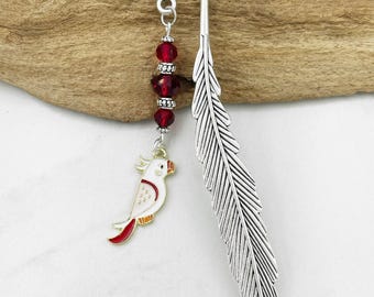 Parrot Bookmark - Unique Beaded Metal Bookmark - Parrot Gifts for Bird Lovers - Gold and Enamel Parrot Charm Bookmark - Parrot Stationary
